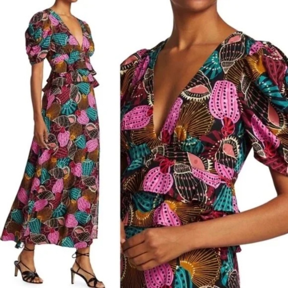 FARM RIO Shell Mix Midi Dress Size M Floral V-neck Empire Waist Back Button‎ Zip